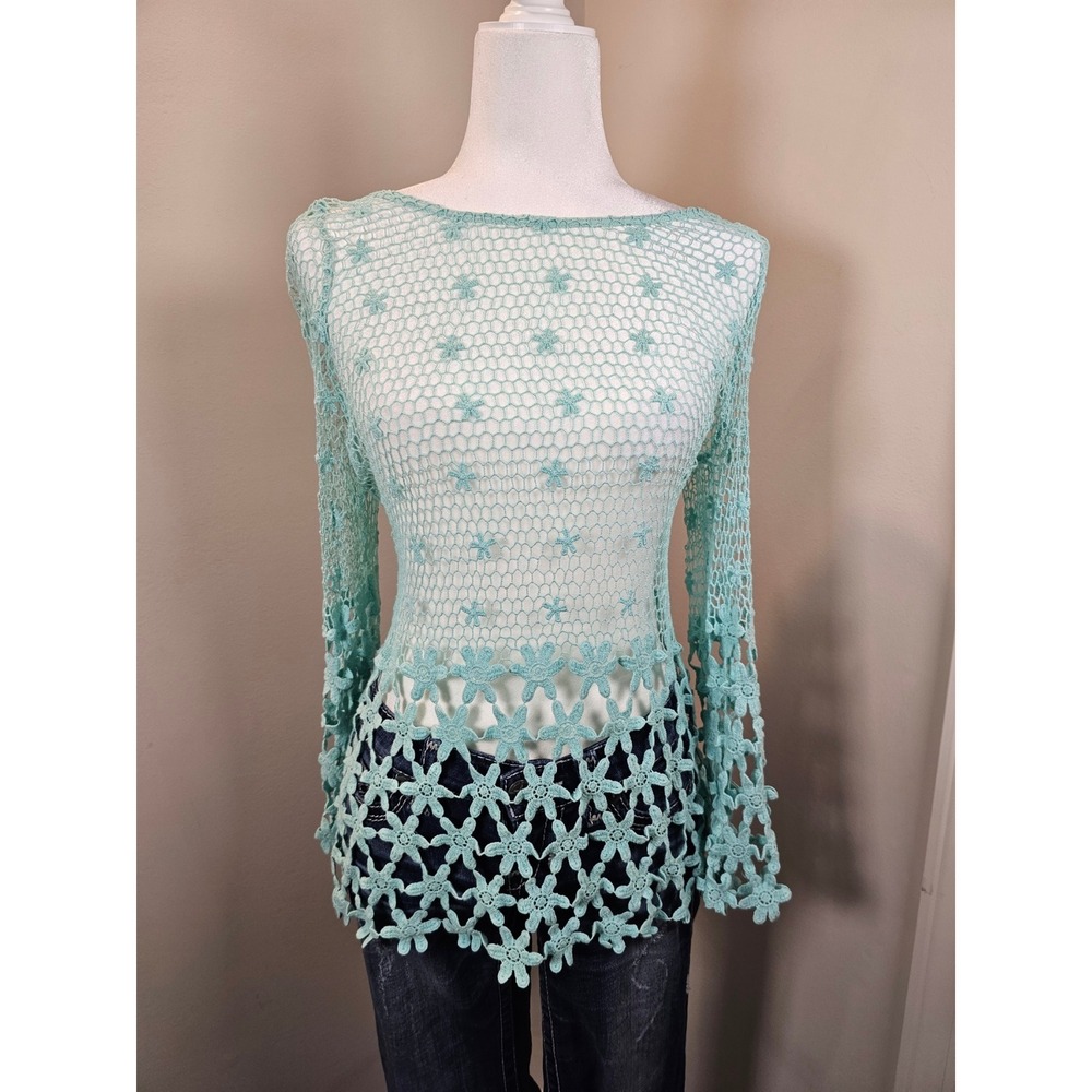 Azucar Womens Blue Crochet Floral Lace Tunic Long Sleeve Sheer Boho Top y2k